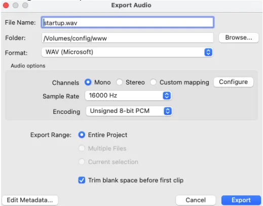 Audacity export dialog